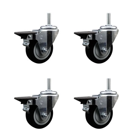 Service Caster 35 Inch Black Polyurethane Wheel Swivel 34 Inch Threaded Stem Caster Set with Brake SCC SCC-TS20S3514-PPUB-BLK-PLB-34212-4